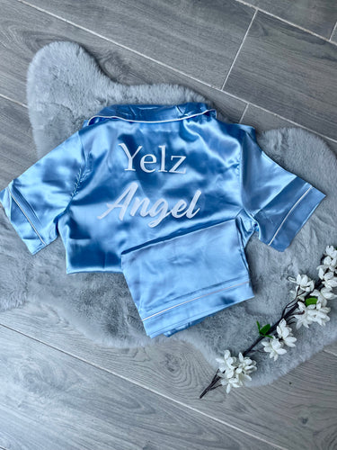 Ladies Personalised Light blue Satin Pyjama Shorts Set