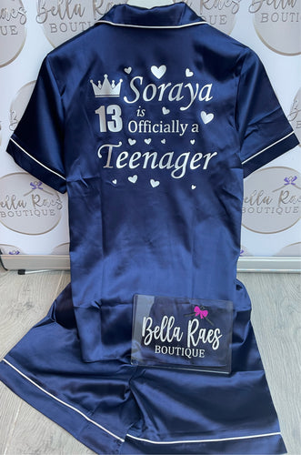 13th, 16th, 18th, 21st Birthday Personalised Satin Pyjama Shorts Set matching