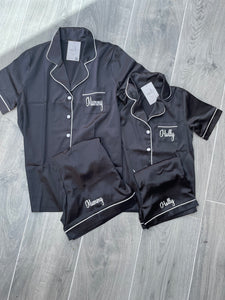 Black Ladies Personalised Satin Pyjama Shorts Set
