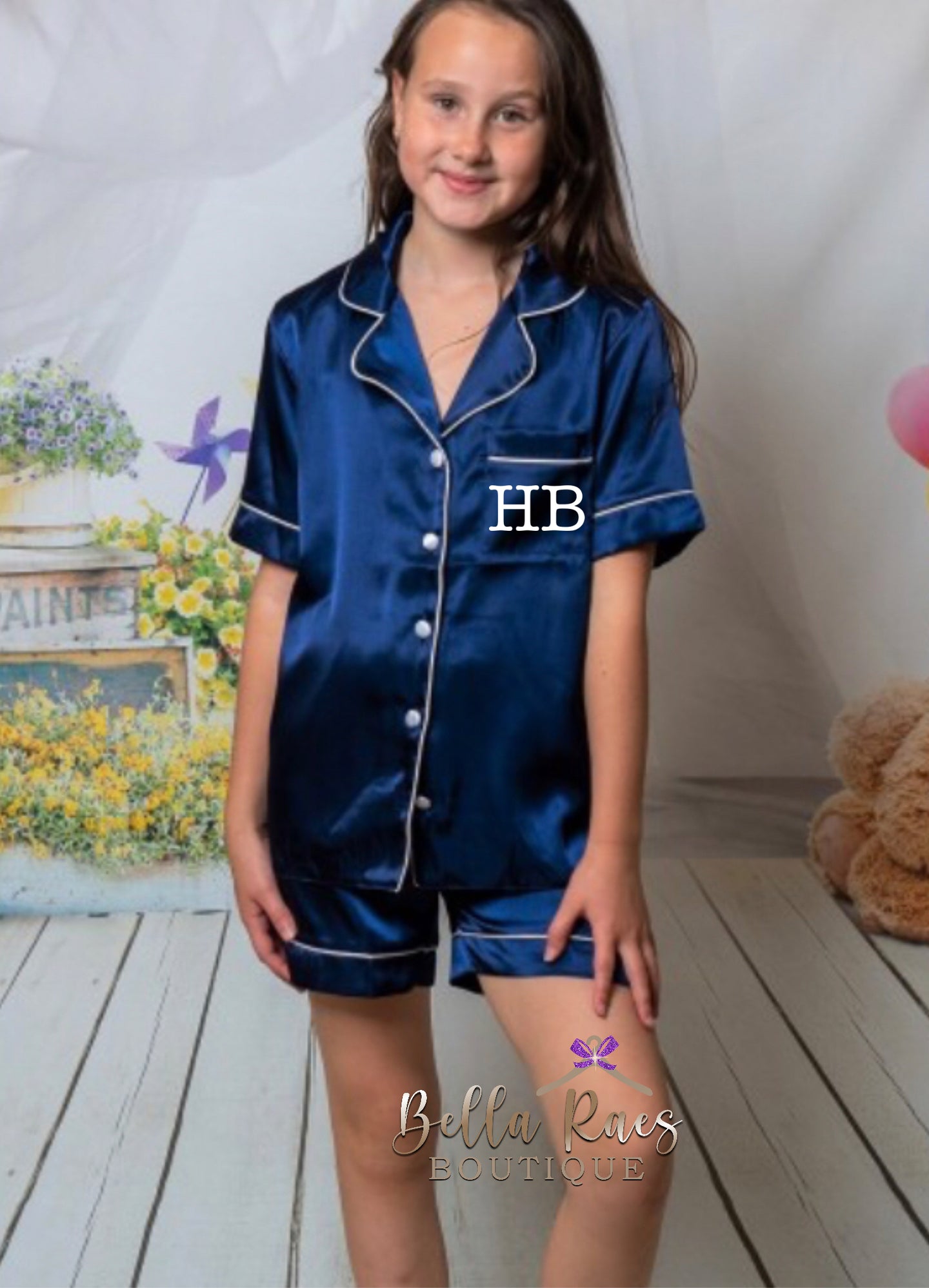 Kids Personalised Navy Satin Pyjama Shorts Set matching