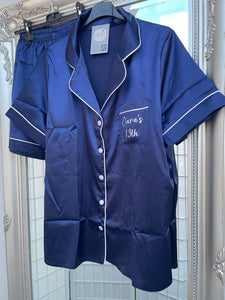 Teenager 13th Birthday Personalised Navy Satin Pyjama Shorts Set matching