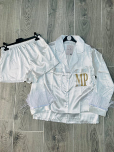 White Satin feather plain or personalised Pyjama Shorts Set