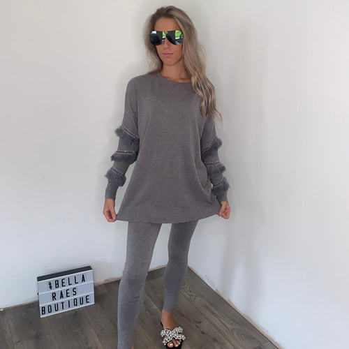 diamante fluffy sleeve soft loungewear sets grey