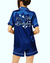 Load image into Gallery viewer, Teenager 13th Birthday Personalised Navy Satin Pyjama Shorts Set matching