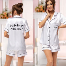 Load image into Gallery viewer, Ladies Personalised White Satin Pyjama Shorts Set birthday bridal sleepover