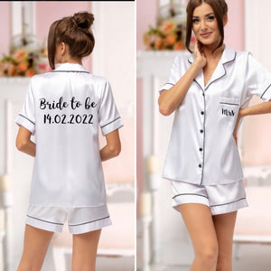 Ladies Personalised White Satin Pyjama Shorts Set birthday bridal sleepover