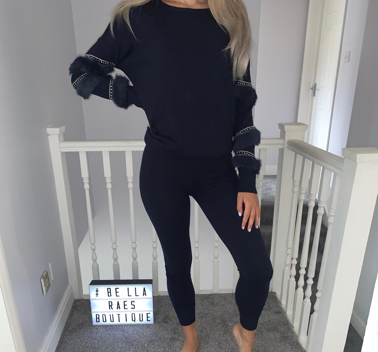 Black Diamanté Fluffy sleeve Loungewear Sets