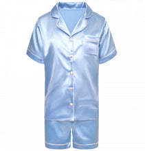 Load image into Gallery viewer, Kids Personalised Light blue Satin Pyjama Shorts Set matching