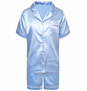 Kids Personalised Light blue Satin Pyjama Shorts Set matching