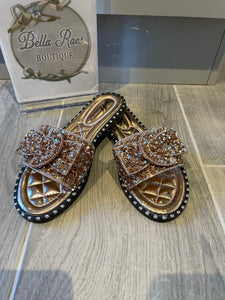 Ladies Rose Gold 3D Bow crushed diamanté Sliders