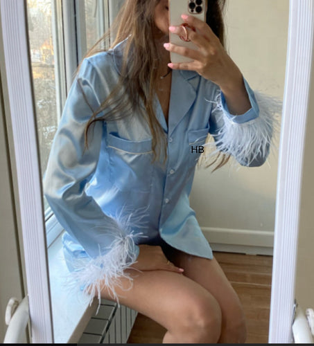 Blue Satin feather plain or personalised Pyjama Shorts Set