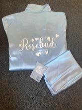 Load image into Gallery viewer, Teenager 13th Birthday Personalised Light blue Satin Pyjama Shorts Set matching