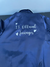 Load image into Gallery viewer, Teenager 13th Birthday Personalised Navy Satin Pyjama Shorts Set matching
