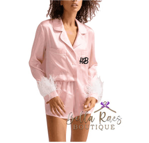 Pink satin feather plain or personalised Pyjama Shorts Set