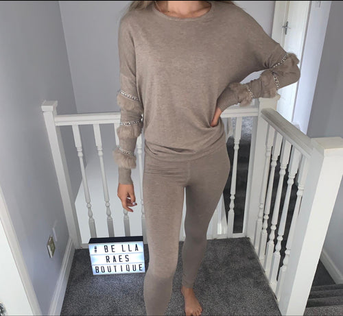 diamante sleeve fluffy loungewear sets beige
