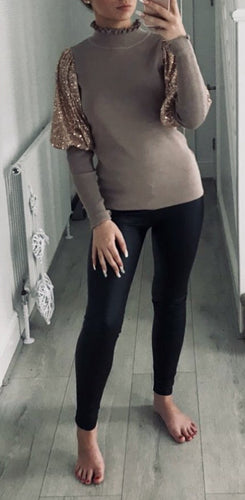 sequin puffy arm jumpers beige
