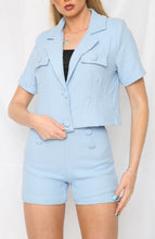 Load image into Gallery viewer, Textured Button Front Jacket Coord shorts sets in sky Blue