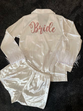 Load image into Gallery viewer, White Satin feather plain or personalised Pyjama Shorts Set