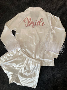 White Satin feather plain or personalised Pyjama Shorts Set