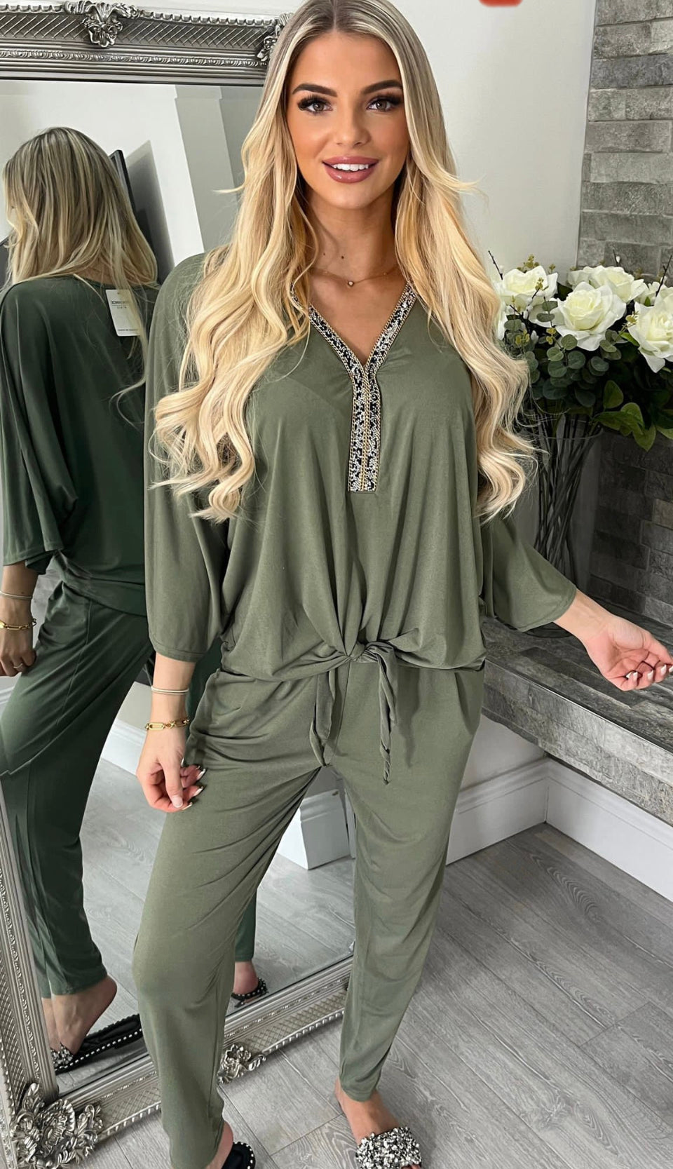 Khaki Diamanté V neck Loungewear sets