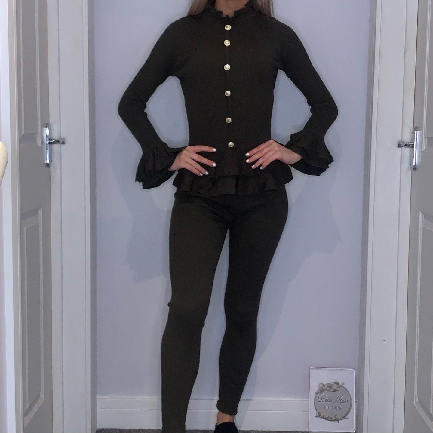 Gold Button Frill Loungewear Sets khaki