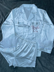 White Satin feather plain or personalised Pyjama Shorts Set