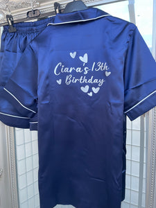 Teenager 13th Birthday Personalised Navy Satin Pyjama Shorts Set matching