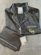 Load image into Gallery viewer, Teenager 13th Birthday Personalised Black Satin Pyjama Shorts Set matching