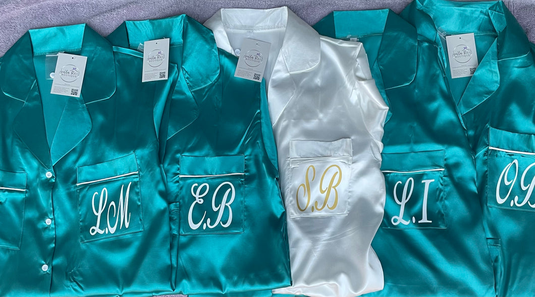 Teal green Satin feather plain or personalised Pyjama Shorts Set