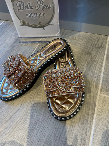 Ladies Rose Gold 3D Bow crushed diamanté Sliders
