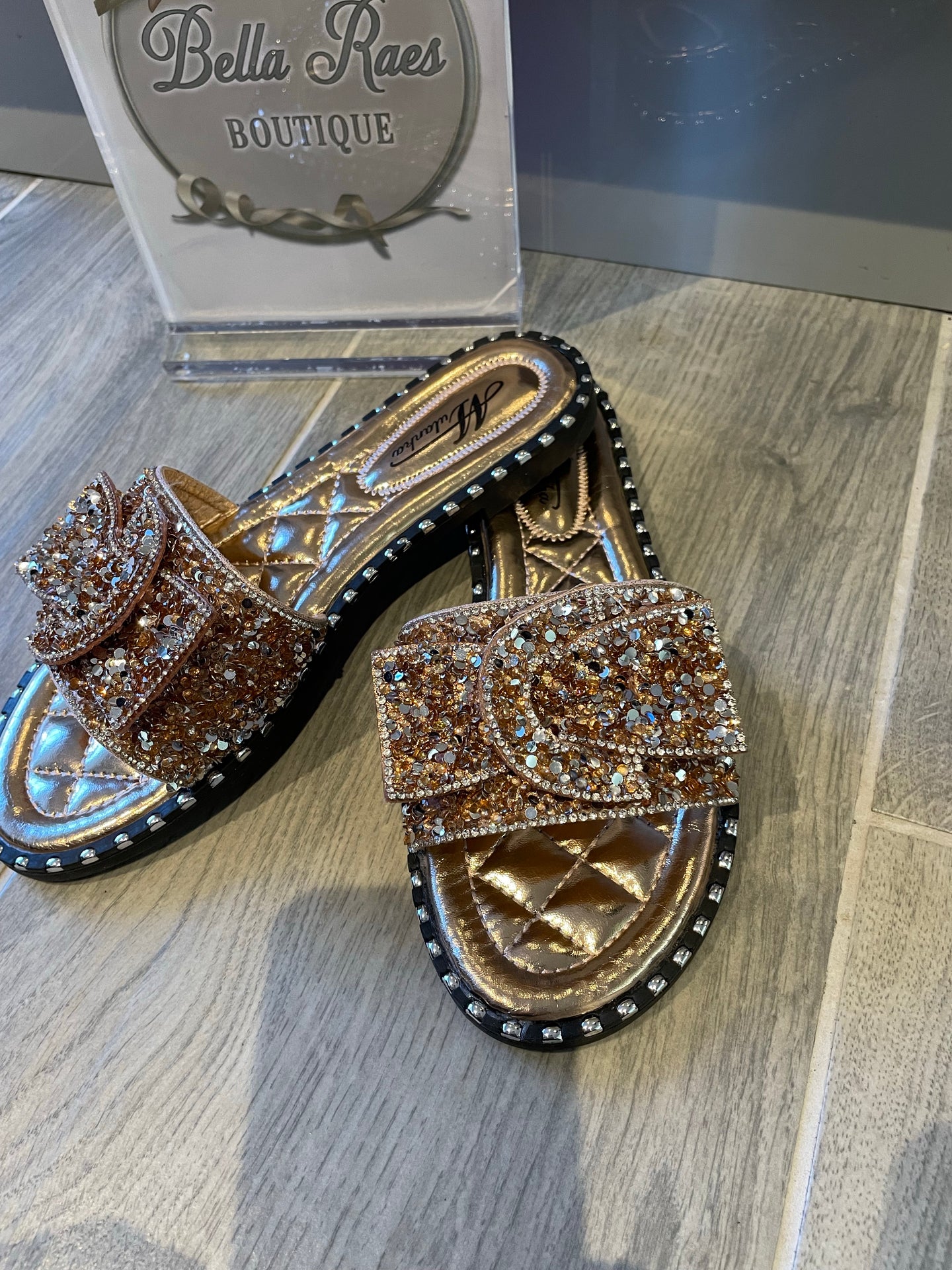 Ladies Rose Gold 3D Bow crushed diamanté Sliders