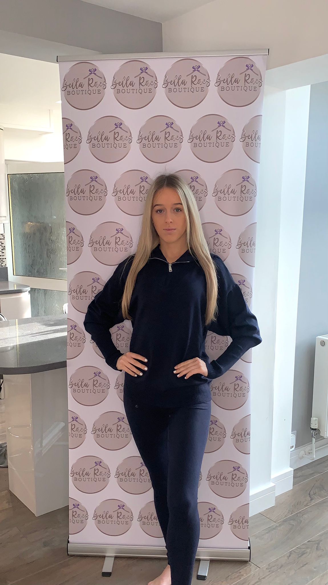 Fine knit zip front loungewear sets Navy