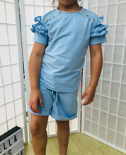 Load image into Gallery viewer, Kids Blue Ruffle Twinning Shorts sets Little Raes