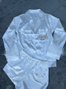 White Satin feather plain or personalised Pyjama Shorts Set